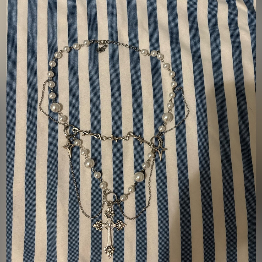 Elegant Silver Cross Necklace with Pearls